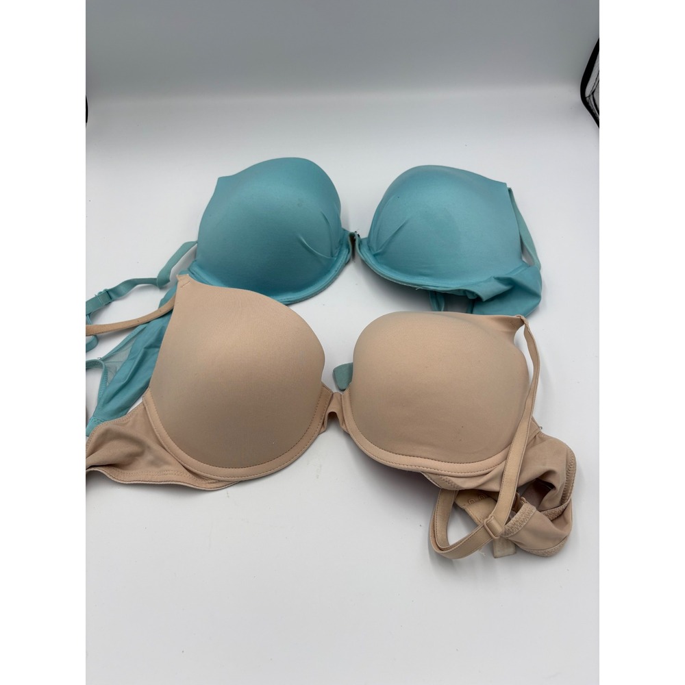 Victoria's Secret 34C Bra Lot Fabulous Plunge Teal & PINK Push-Up Nude Tan 2pc